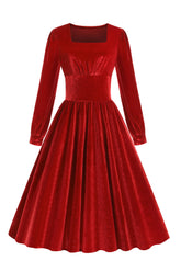 Rotes Samt Midi A-linie Vintage Kleid